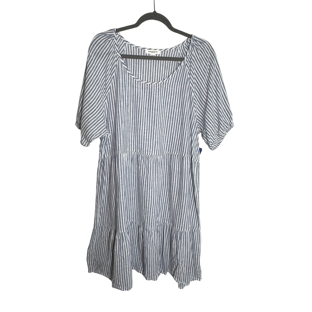 Beachlunchlounge Blue White Striped Tiered Mini Dress XL Coastal Linen Blend - Picture 2 of 5